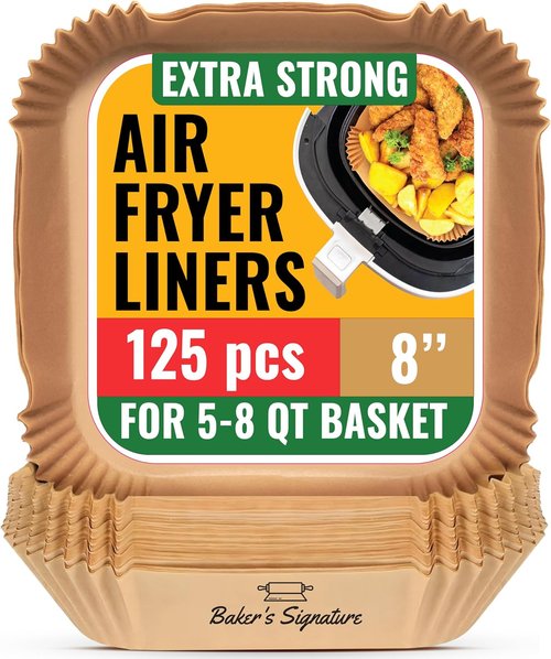 Baker's Signature Air Fryer Paper Liners - 125 Pcs Non-Stick & Oil Proof for Easy Cleanup | 8” Square for 5-8 Qt Baskets