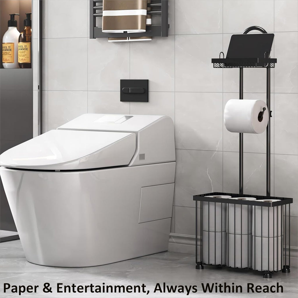 X-cosrack Toilet Paper Holder - Freestanding Tissue Rack with Storage Shelf for Bathroom | Black