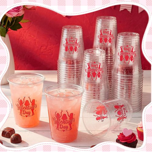 Willinglong 36 Pcs Galentine's Day Disposable Plastic Cups 12oz Clear Valentine's Day Galentine Theme Drinking Cups for Women Valentine Party Favor Supplies