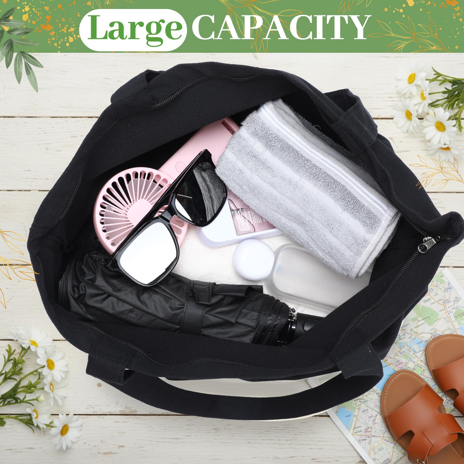 Silkfly 20 Pcs Extra Large Canvas Tote Bags Bulk 19.7x15.8'' Blank Cotton Canvas Bag with Zipper Handles Reusable Plain Grocery Makeup Handbag for DIY (Black)