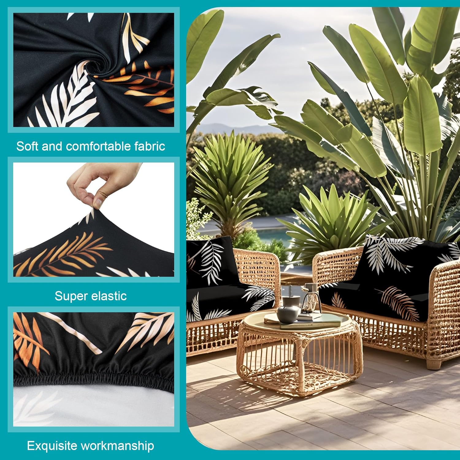 Skiennix 14-Piece Stretch Patio Cushion Covers - Washable Outdoor Sofa Slipcovers | Coconut Trees Design