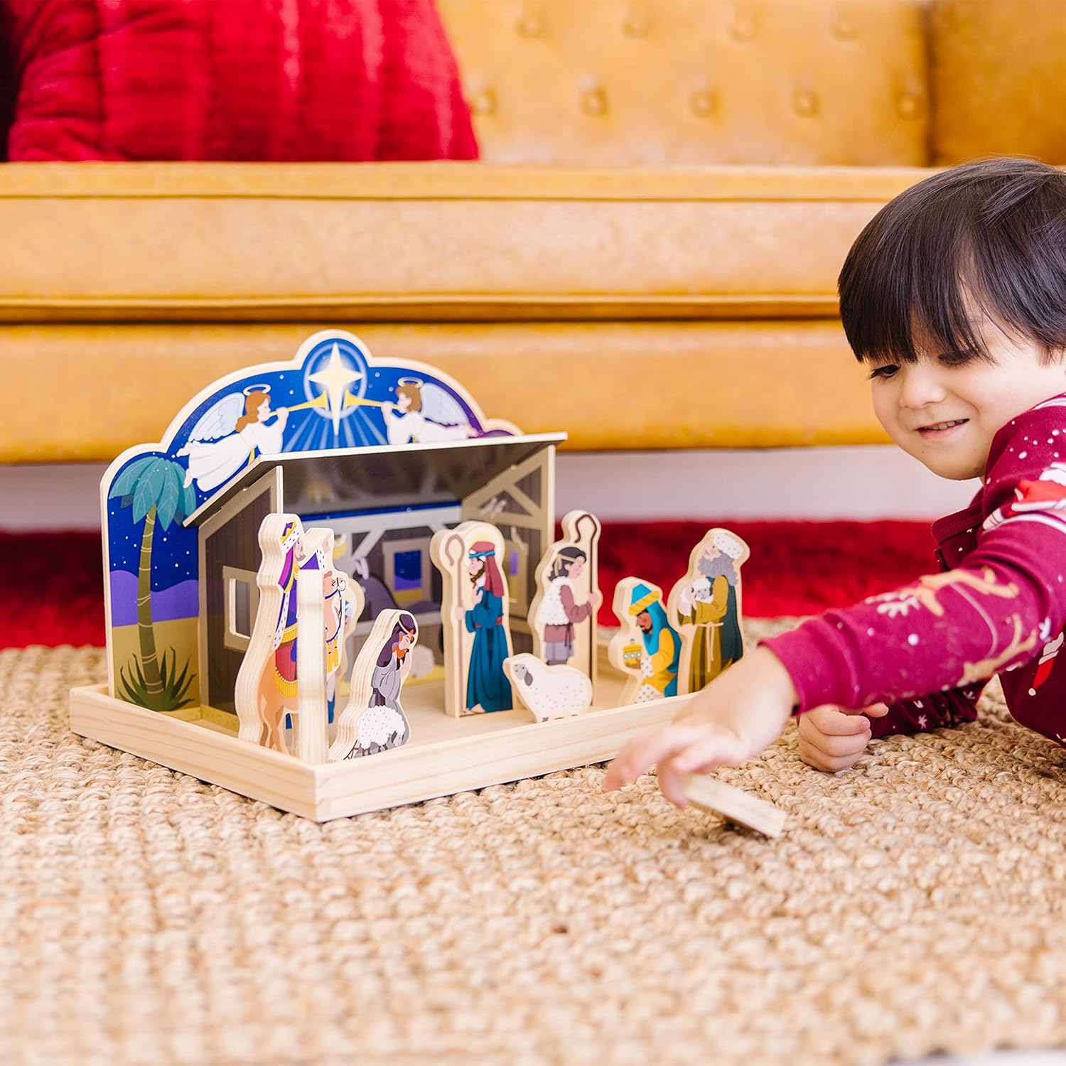 Melissa & Doug Classic Wooden Nativity Set - 11 Figures with 4-Piece Stable for Holiday Decor