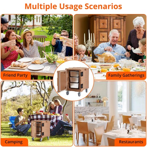 Portable Food Warmer 82Qt-Hot Box, Lldpe Food Box Carrier Double, End Loader Wheels, Easy Transport, Good Insulation, Strong Sealing, Durable, Ideal for Family Gathering, Canteen, Restaurant, Brown