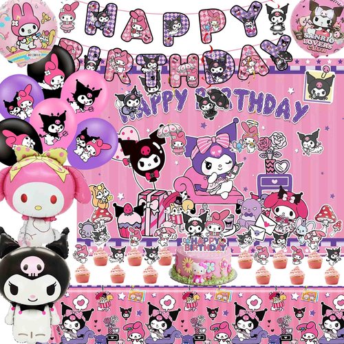 Kawaii Birthday Decorations, Cute Party Favors, Party Supplies Set Include Banner, Foil Balloons, Tablecloth, Backdrop, Cake Toppers, Hanging Swirl for Girls