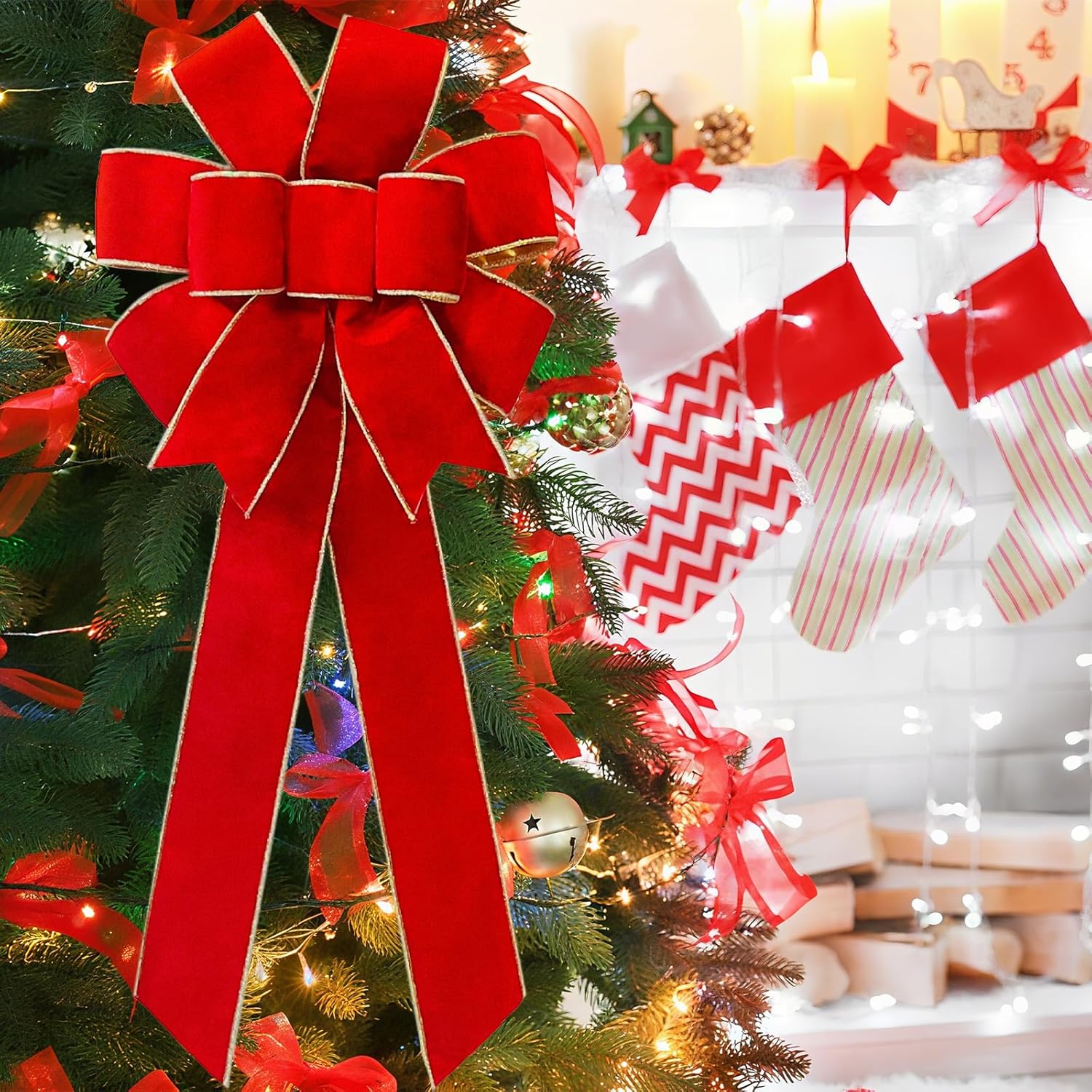 Red Velvet Christmas Bows - Gold Wired Decorative Bows for Wreaths, Trees & Outdoor Use | Gift Box Included
