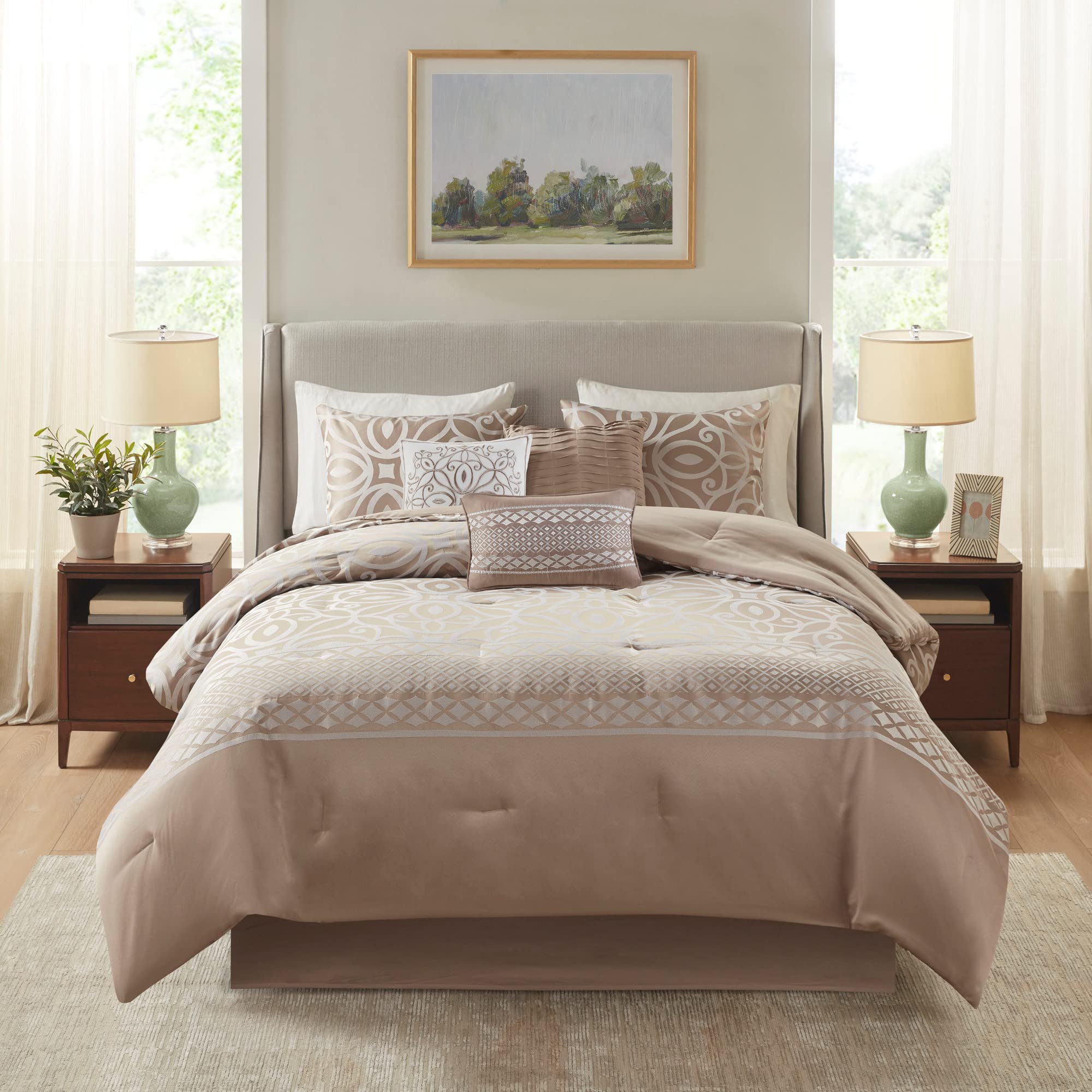 Madison Park Carina Cozy Comforter Set Luxe Jacquard Medallion Design with Embroidery and Pleated Details, All Season Bedding with Matching Shams, Decorative Pillow, Queen, Taupe 7 Piece