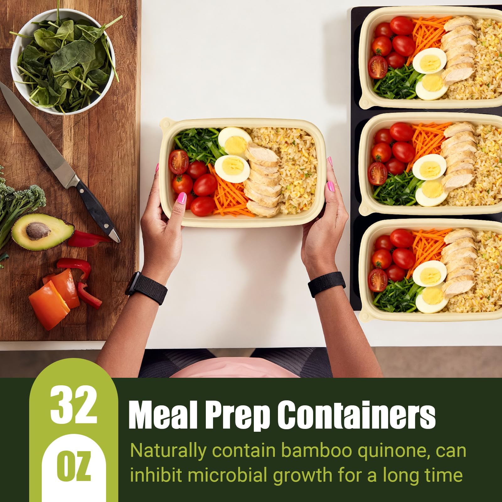 Bmboryxa 25Pack(50pcs) Meal Prep Containers Reusable, 32oz Bamboo-Powder Food Containers with Lids, Plant-based To Go Containers for Lunch - Microwave, Freezer, Dishwasher Safe