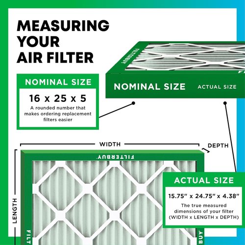 Filterbuy 16x25x5 Air Filter - MERV 8 Dust & Allergy Defense (2-Pack) | Pleated HVAC Filters