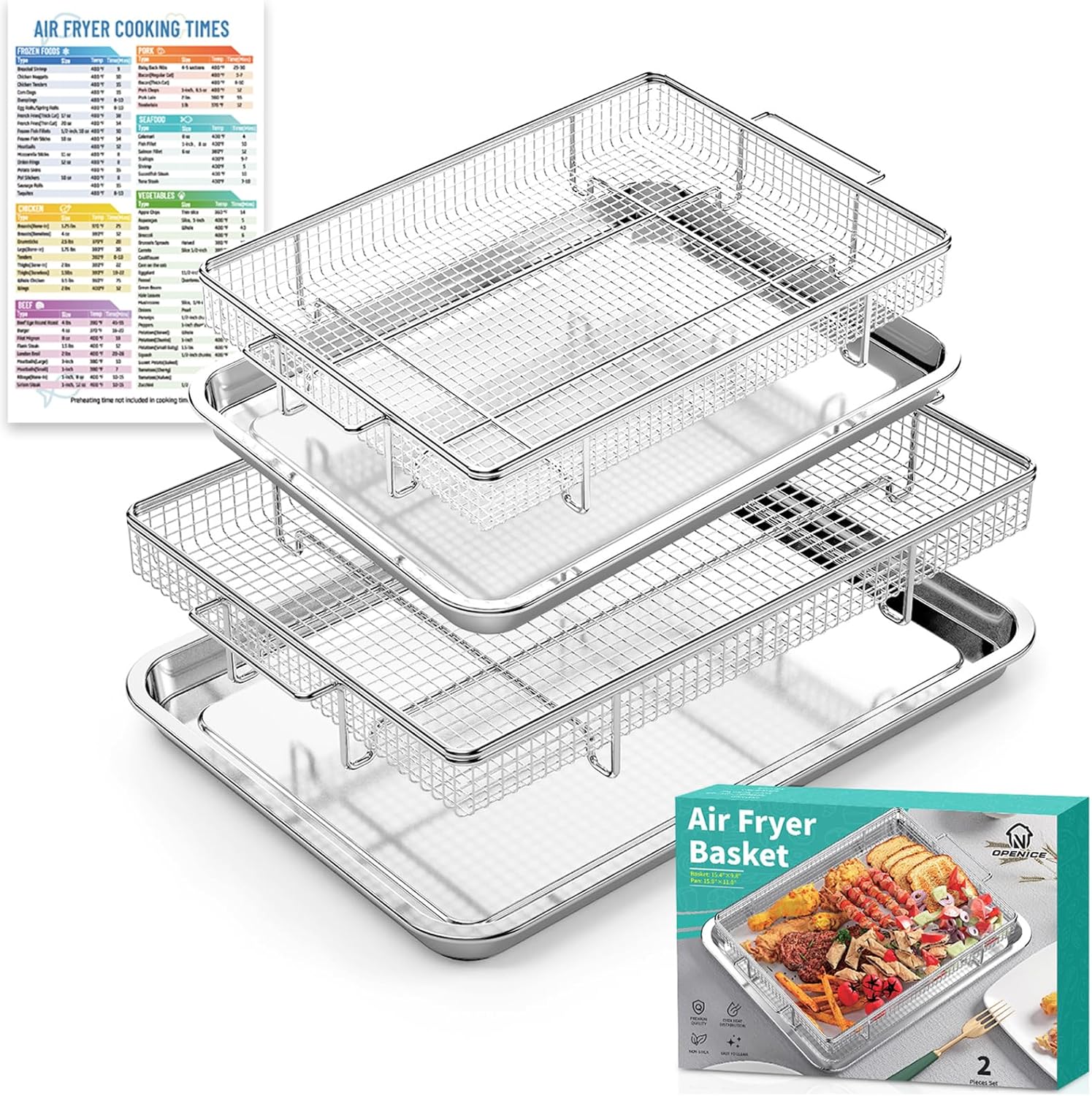 OPENICE Air Fryer Basket Set - 25% Thicker Stainless Steel Pans with Magnetic Cheat Sheet | Oven Crisper Tray