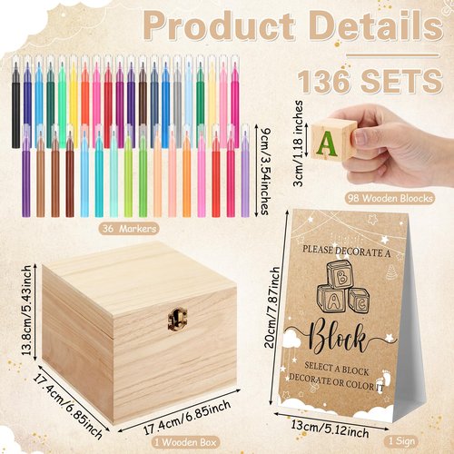 Marsui 136 Pcs Baby Shower Blocks to Decorate Game Kit Includes 98 Wooden Blocks, 36 Markers, 1 Game Sign, 1 Storage Box for Baby Shower Gender Reveal Activity Party Decorations(Cloud)
