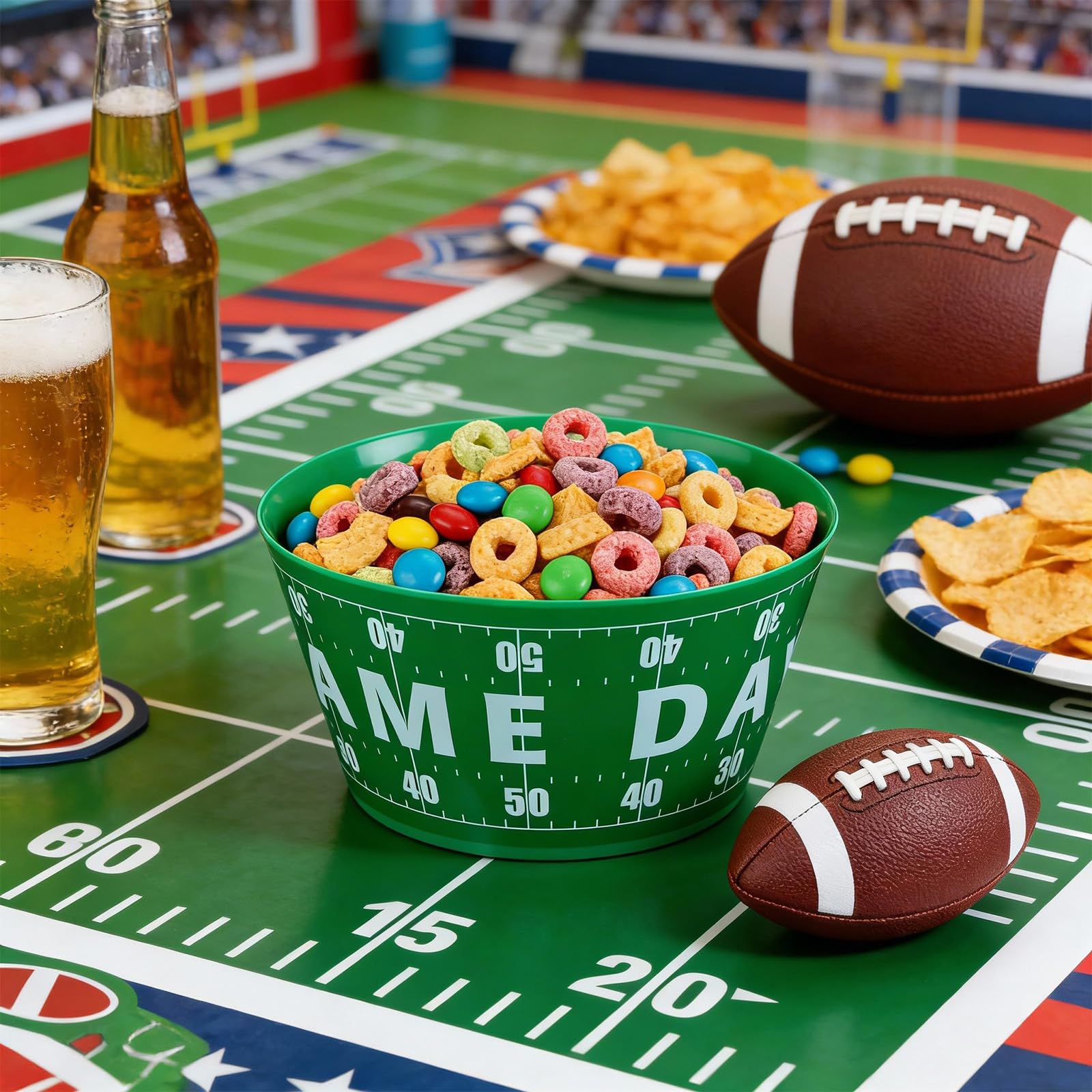 Reallnaive 2 Packs 12" Football Chip and Dip Bowl Game Day Snack Bowls Sports Event Party Plastic Bowls Green and White Reusable Candy Snack Bowl Fruit Candy Holder for Party Supplies Table Decor