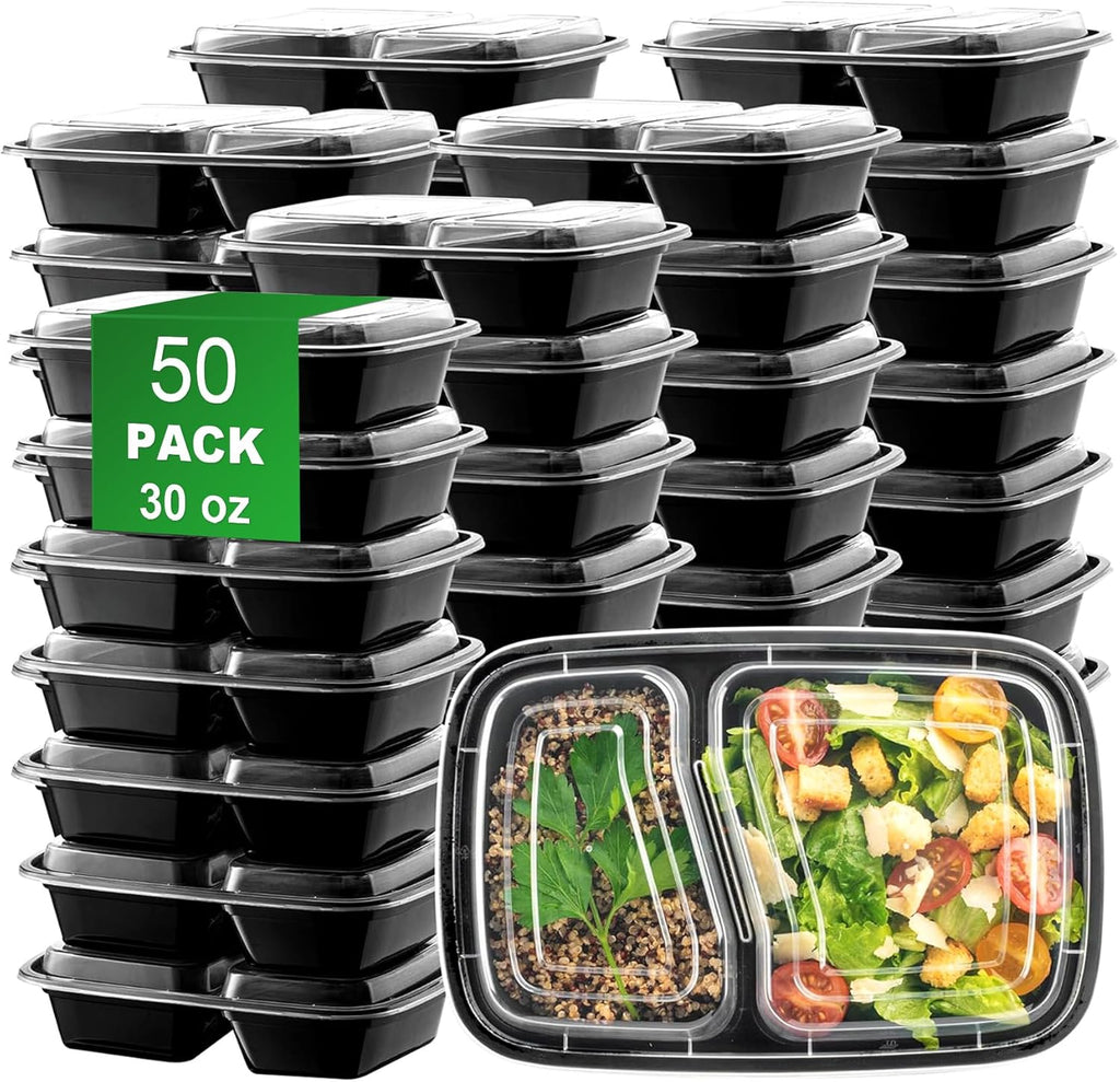 Meal Prep Containers - 50 Pack 30oz 2-Compartment Leakproof BPA-Free Food Storage Boxes