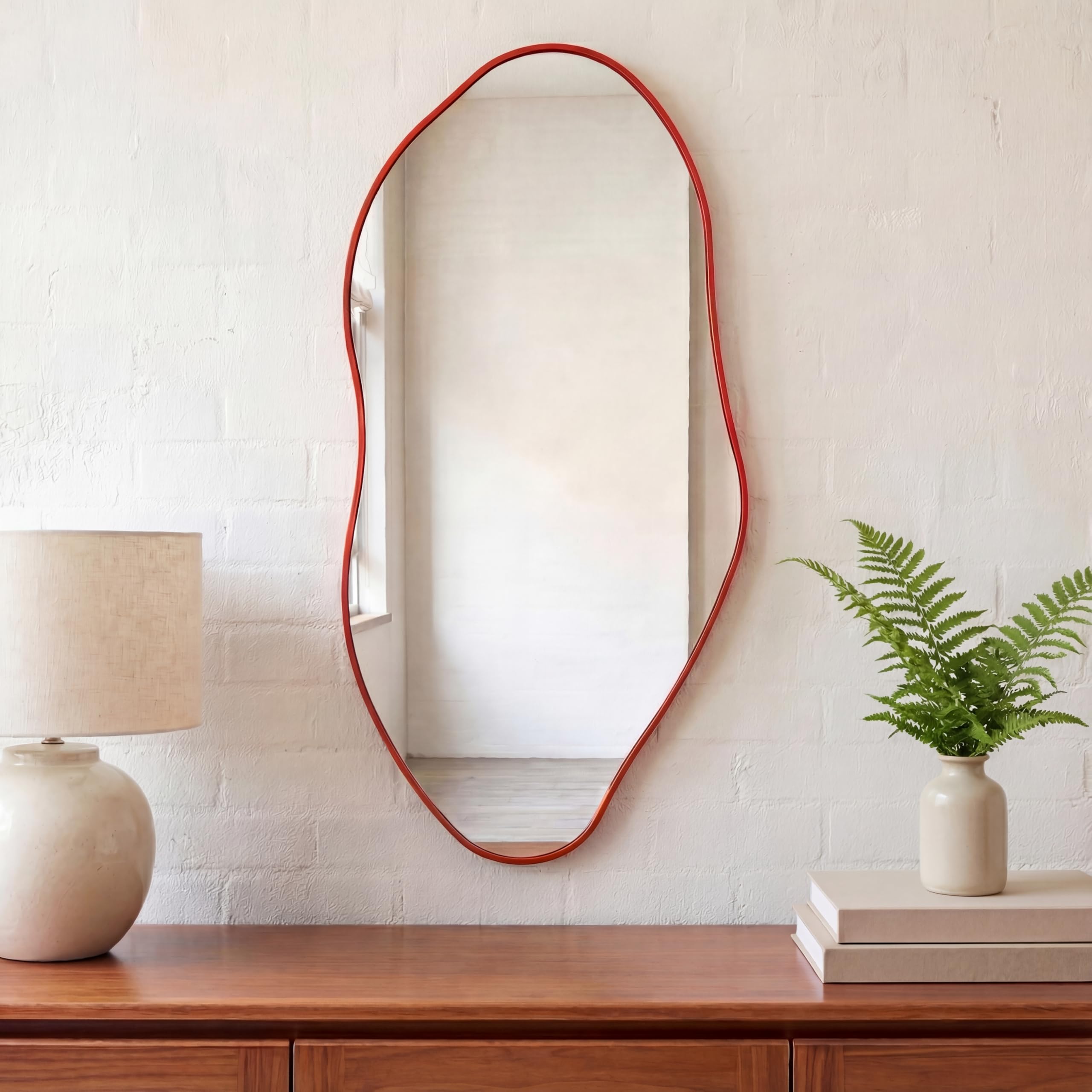 JONATHAN Y MIR200B Everly 20 in. W x 42 in. H Large Irregular Framed Decorative Wall Mirror, Anti-Rust for Bathroom, Living Room, Bedroom, Red
