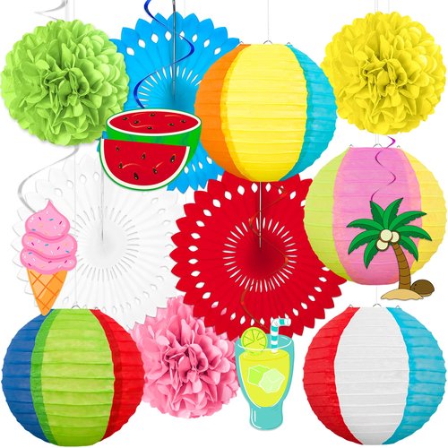 Renbuzhu 14Pcs Beach Party Decorations Paper Lanterns Fans Pom Poms Hanging Swirls - Luau Pool Summer Hawaiian Tropical Themed Decor for Home Birthday Outdoor Indoor