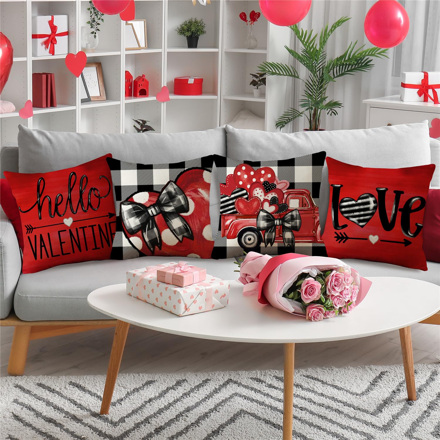 MODOVOS Valentine's Day Buffalo Plaid Bow Truck Throw Pillow Covers 18x18 Set of 4 Polka Dots Valentine Heart Wedding Cushion Case Decoration for Sofa Couch