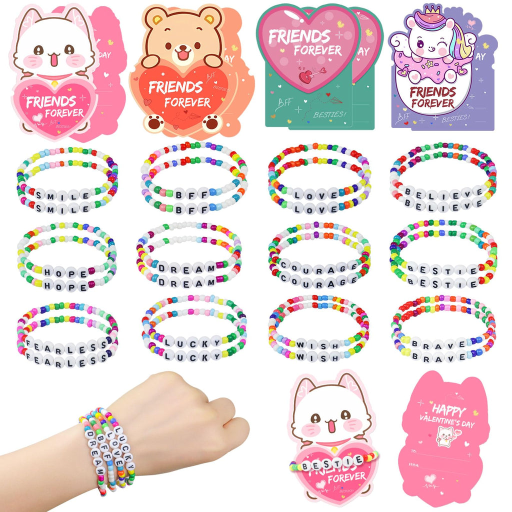 Valentines Day Cards for Kids, 24 Pack Valentines Gift Classroom Cards with Galentines Friendship Bead Bracelets, Valentines Gift Exchange for Boys Girls, Valentines Party Favors Supplies for Kids