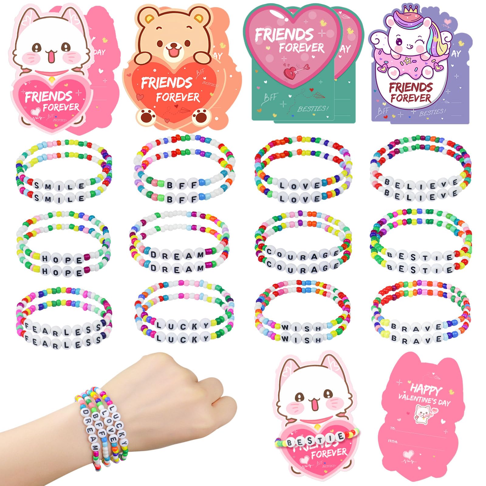 Valentines Day Cards for Kids, 24 Pack Valentines Gift Classroom Cards with Galentines Friendship Bead Bracelets, Valentines Gift Exchange for Boys Girls, Valentines Party Favors Supplies for Kids