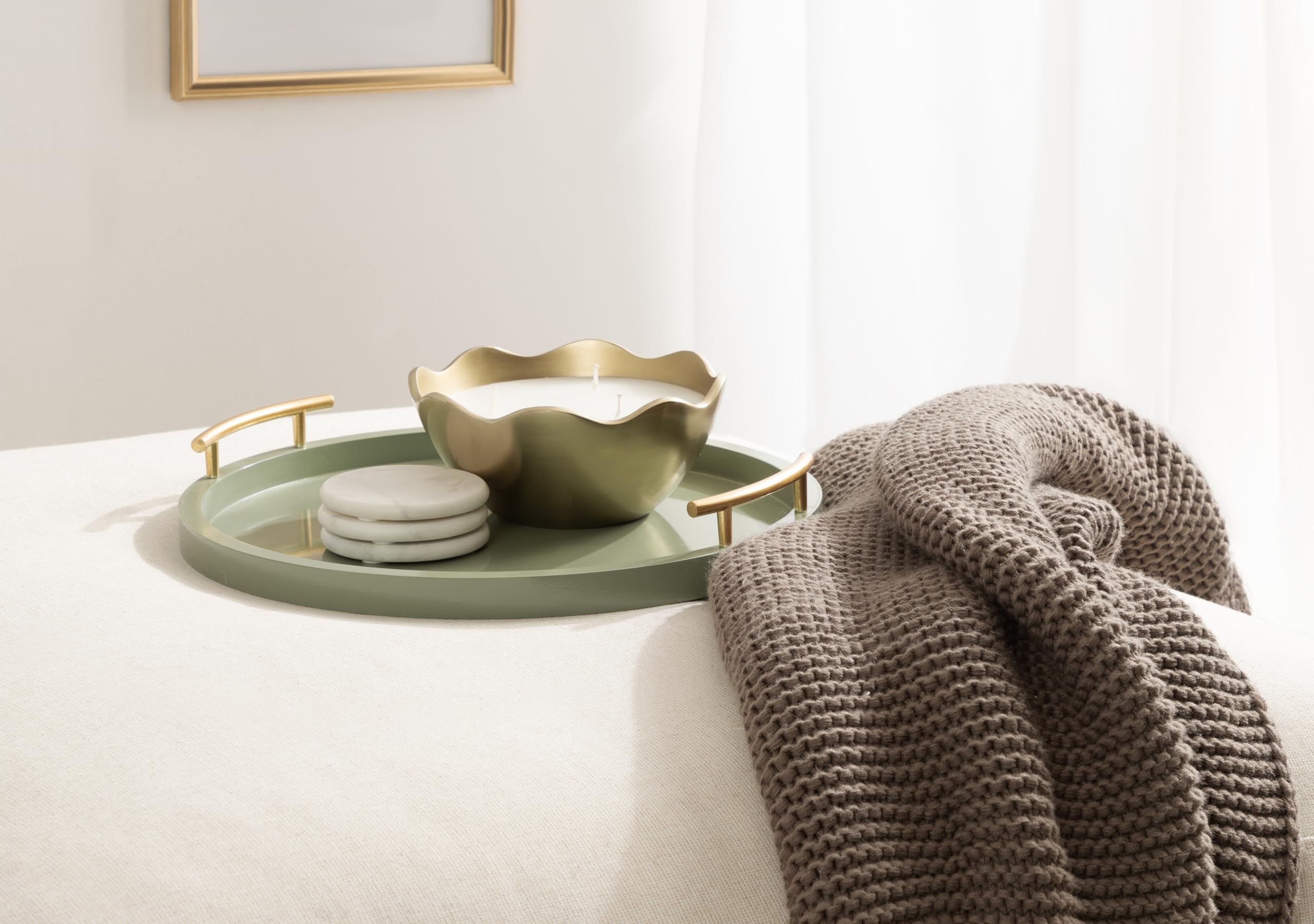 Kate and Laurel Halsey Decorative Wooden Round Tray with Polished Metal Handles, 16 Inch Diameter, Sage Green and Gold, Modern Glam Circle Serving Tray for Use as Ottoman Topper or Coffee Table Accent