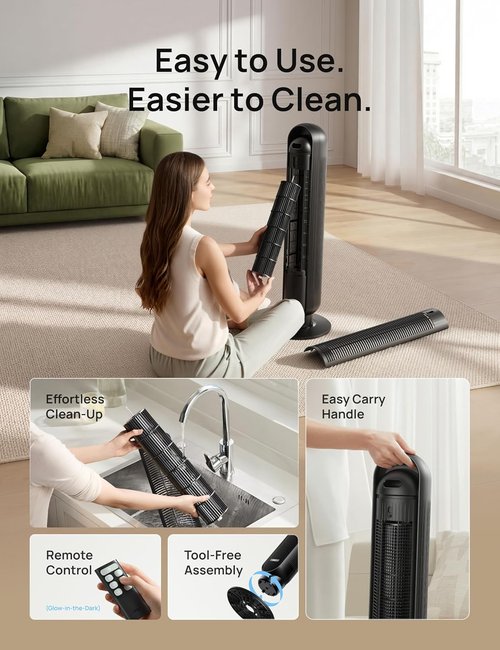 DREO Bladeless Tower Fan - Ultra Quiet 20dB with 8 Speeds & 90° Oscillation | High Velocity 28ft/s, Remote Control, Black