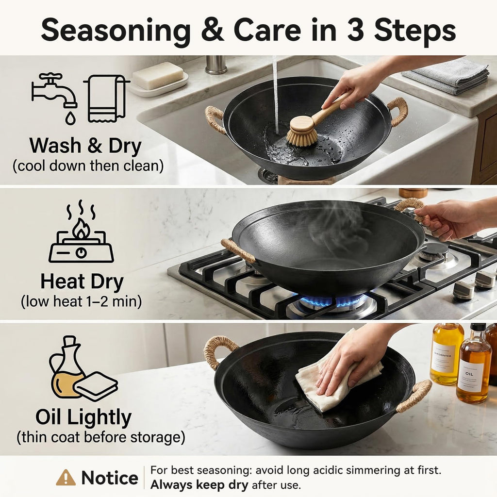WANGYUANJI 13.4 Inch Cast Iron Wok with Wooden Lid and Iron Spatula, Flat Bottom Double-Handle Chinese Stir Fry Pan, Uncoated Cast Iron Wok for Induction, Gas and Electric Stoves