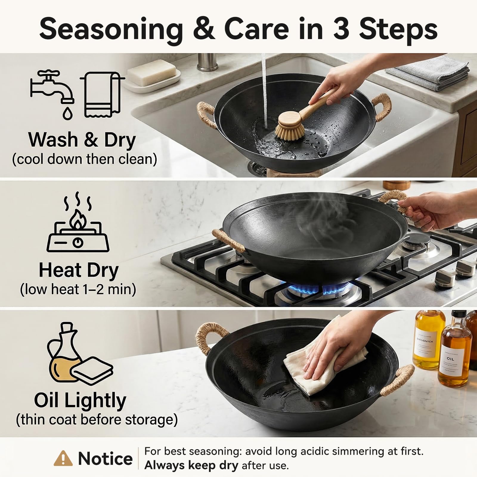 WANGYUANJI 13.4 Inch Cast Iron Wok with Wooden Lid and Iron Spatula, Flat Bottom Double-Handle Chinese Stir Fry Pan, Uncoated Cast Iron Wok for Induction, Gas and Electric Stoves