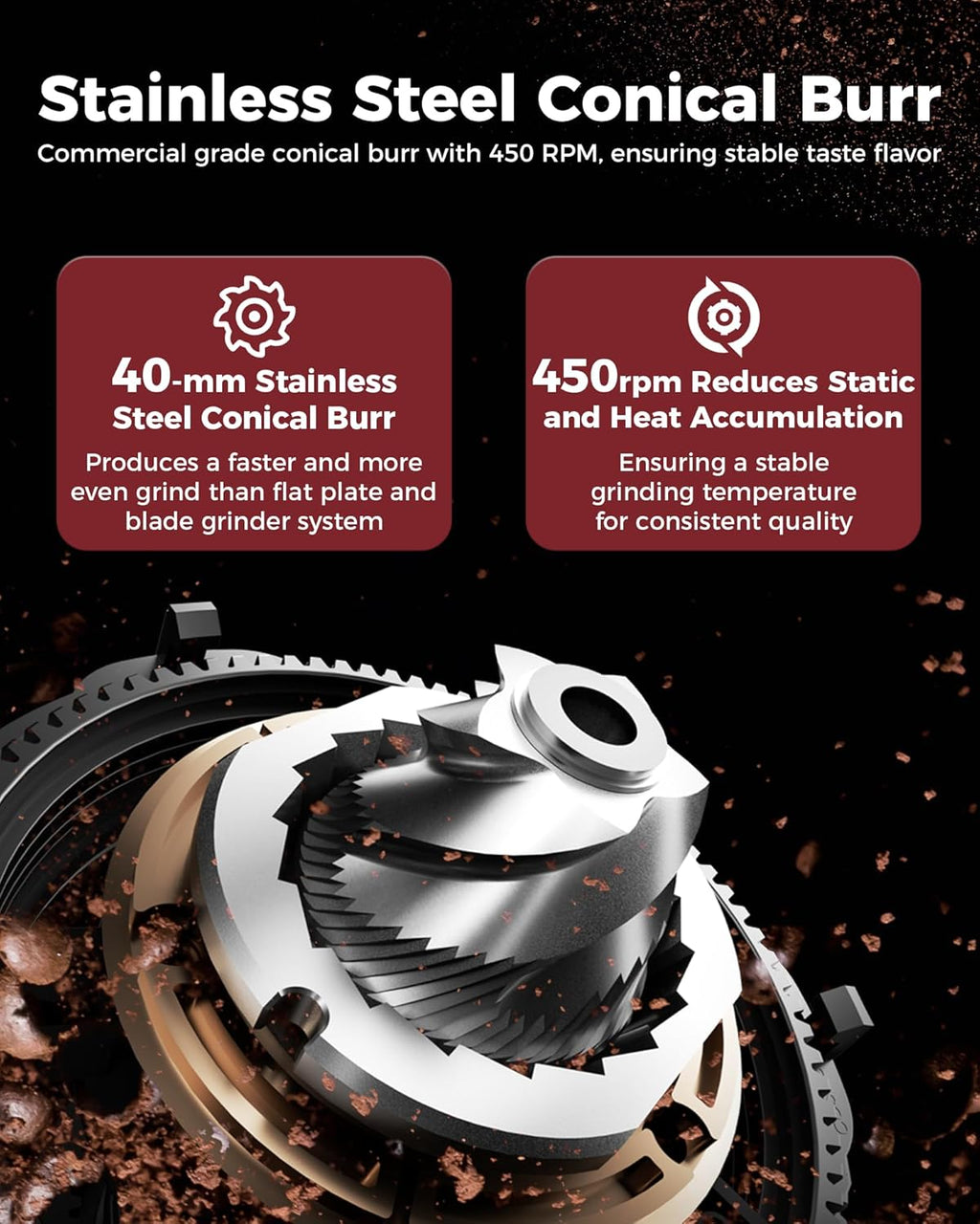 Tuni G1 Coffee Grinder - Precision Conical Burr Mill with 48 Grind Settings & LED Touchscreen - Stainless Steel Silver