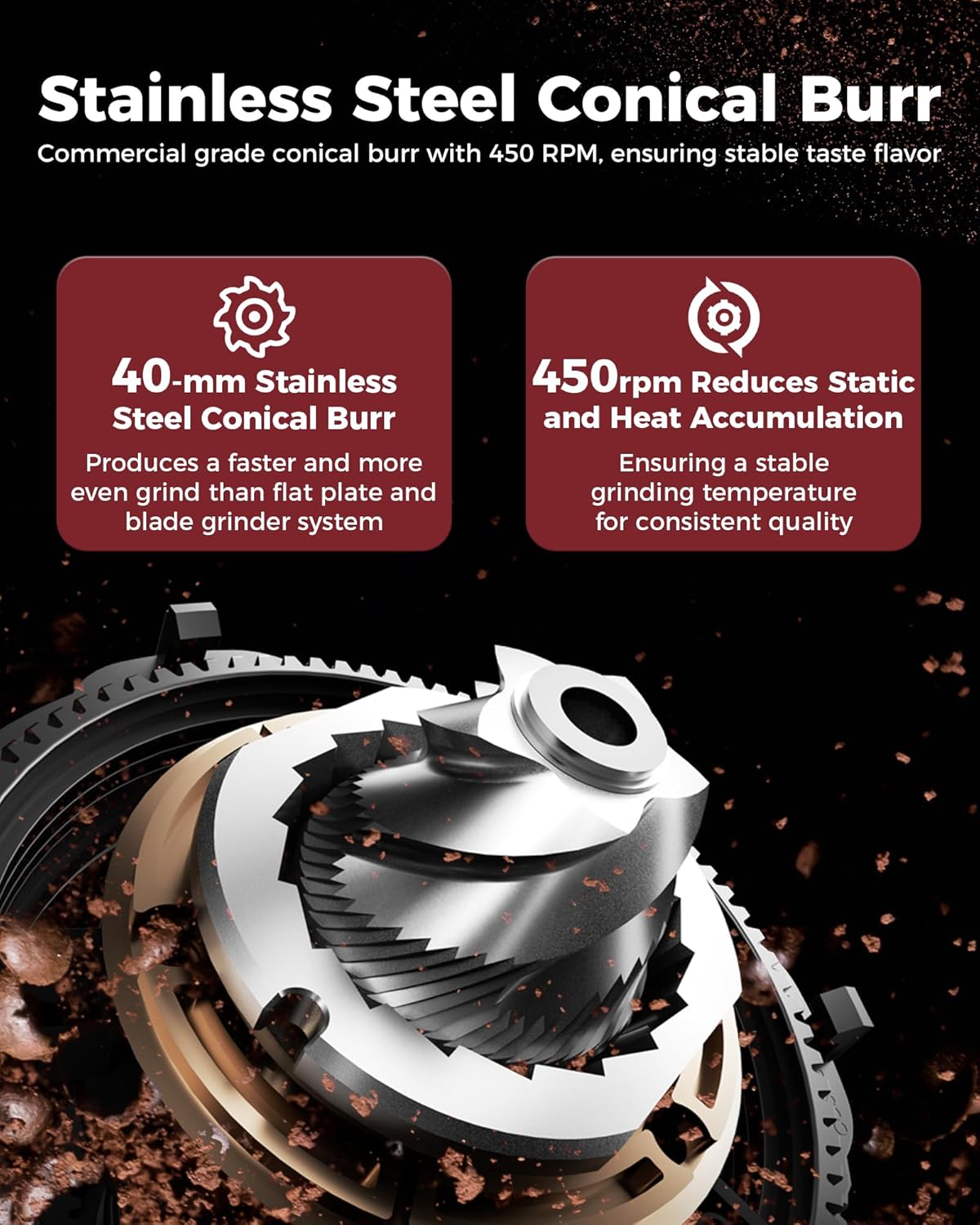 Tuni G1 Coffee Grinder - Precision Conical Burr Mill with 48 Grind Settings & LED Touchscreen - Stainless Steel Silver