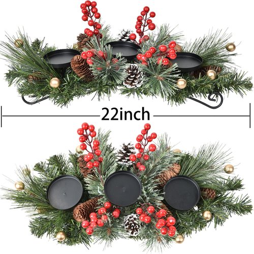 Lvydec Christmas Candle Holder - Festive Pine Cones & Red Berries Centerpiece with 3 Holders