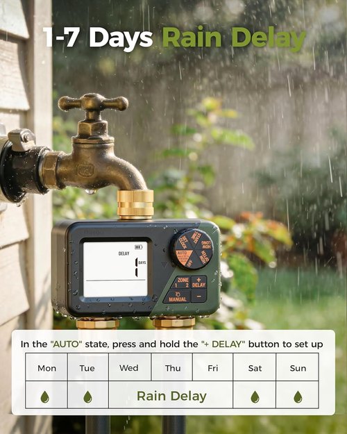 Diivoo Brass Sprinkler Timer - 2 Zone IP66 Waterproof Programmable Hose Timer | Large Display & Rain Delay for Garden Irrigation