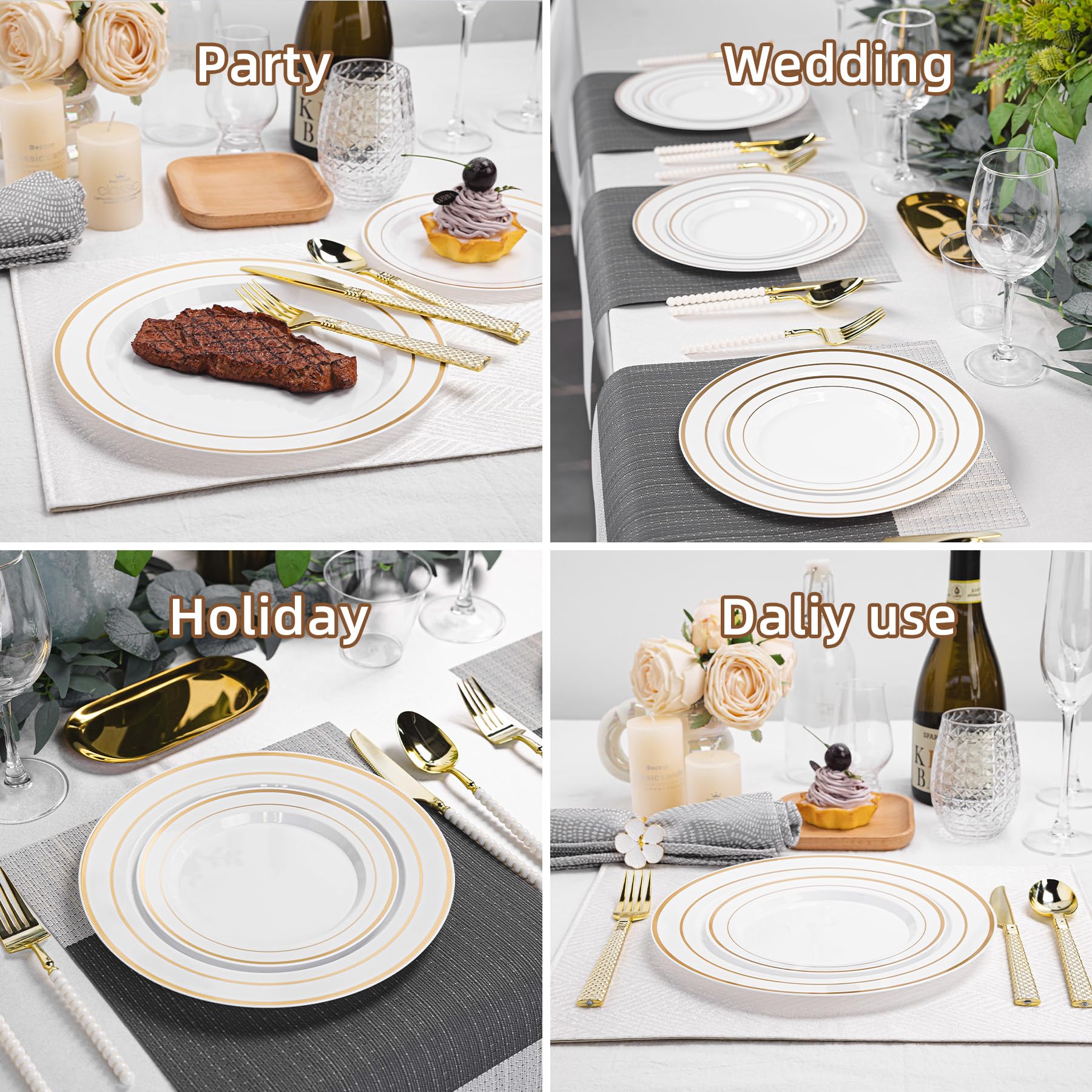 QualQuot 200PCS White Plastic Plates with Gold Rim, Disposable Heavy Duty Plastic Plate, 100 Dinner and 100 Dessert Plates for Party and Wedding
