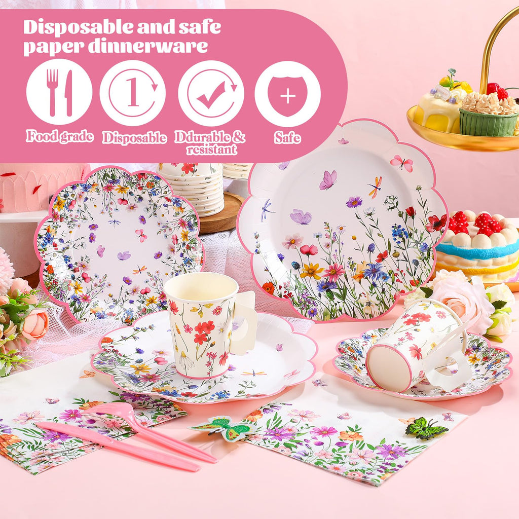Pickmesh 252 Pcs Floral Tea Party Supplies for 36 Guests Wildflower Paper Disposable Dinnerware Floral Teacups with Handle and Saucers Sets for Tea Party Decorations Birthday Baby Shower Wedding