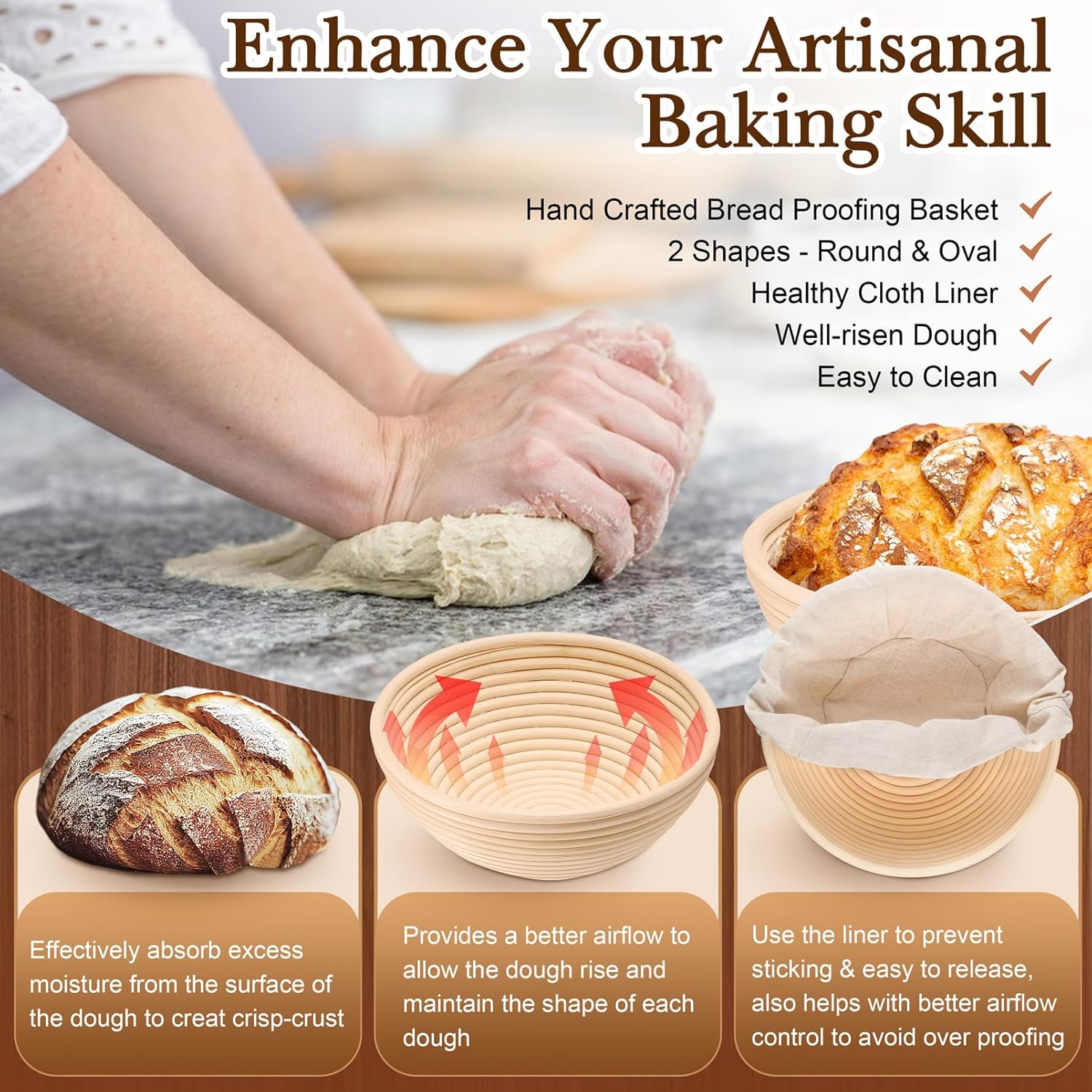 TeamFar Sourdough Bread Baking Kit - 9” Round & 10” Oval Proofing Baskets, Cloth Liner & Accessories