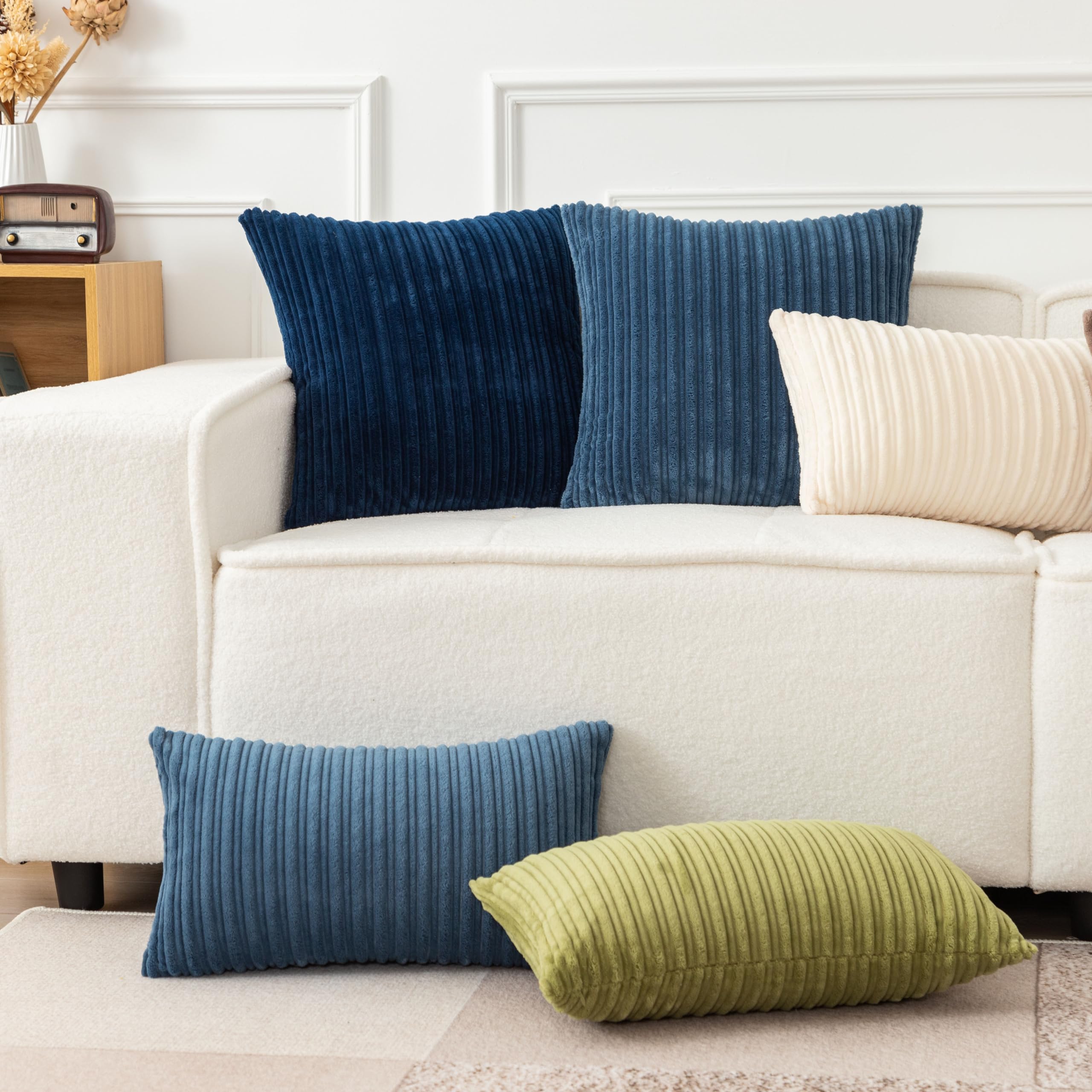 UGASA 14x24 Inch Pillow Cover Pack of 1 Soft Boho Stripe Corduroy Long Rectangular Lumbar Cushion Cover Farmhouse Decorative Throw Pillowcase for Bed, Couch, Sofa, Bedroom, Living Room, Dusty Blue