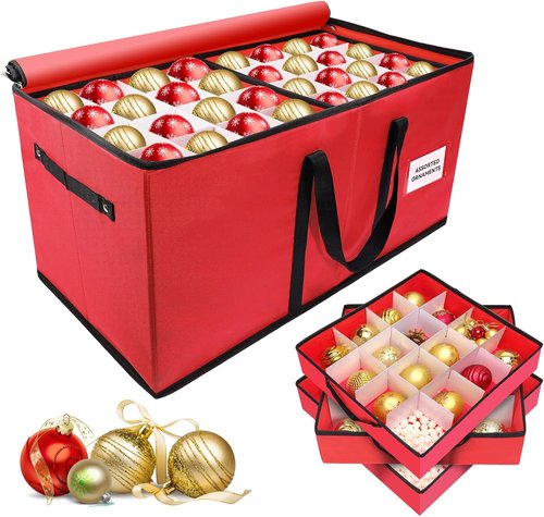 Christmas Ornament Storage Box - Durable 600D Oxford Container Holds 128 Ornaments | 8 Trays, Red