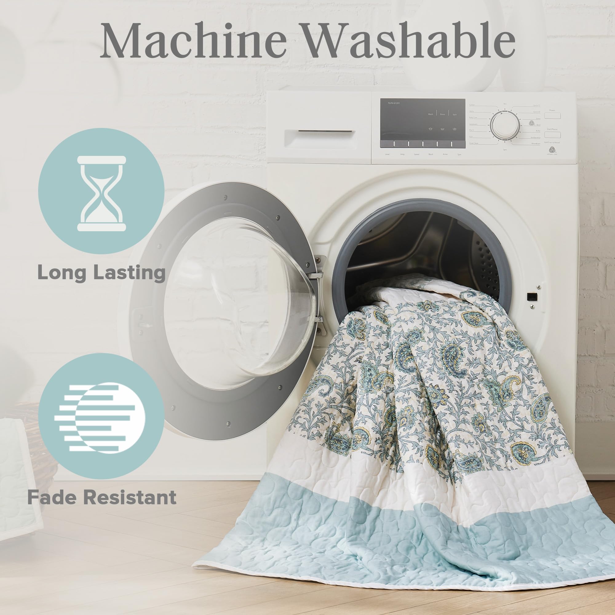 Madison Park Cotton Quilt Set Floral Print, Double Sided Stitching, All Season, Lightweight Coverlet Shabby Chic Bedding Layer, Matching Shams, King/Cal King, Aqua 6 Piece
