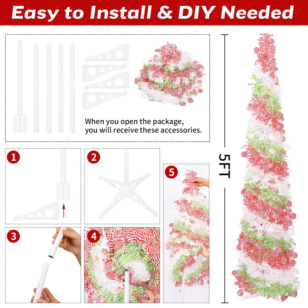 5FT Artificial Pencil Christmas Tree, Red Green White Pop Up Small Christmas Tinsel Tree, for Home Holiday Porch Fireplace Xmas Indoor Party Decoration.