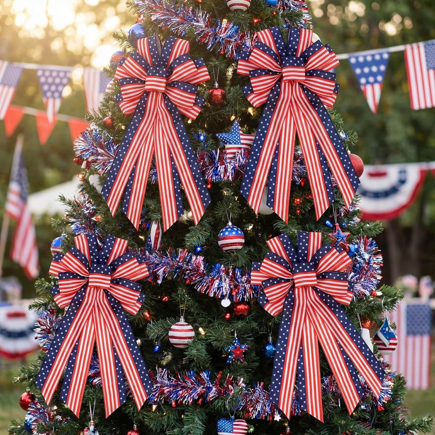 Patriotic Classic Large Red White Blue Bow - 20.87" Wired Edge Pre-Made Flag Bow for Wreaths & Doors