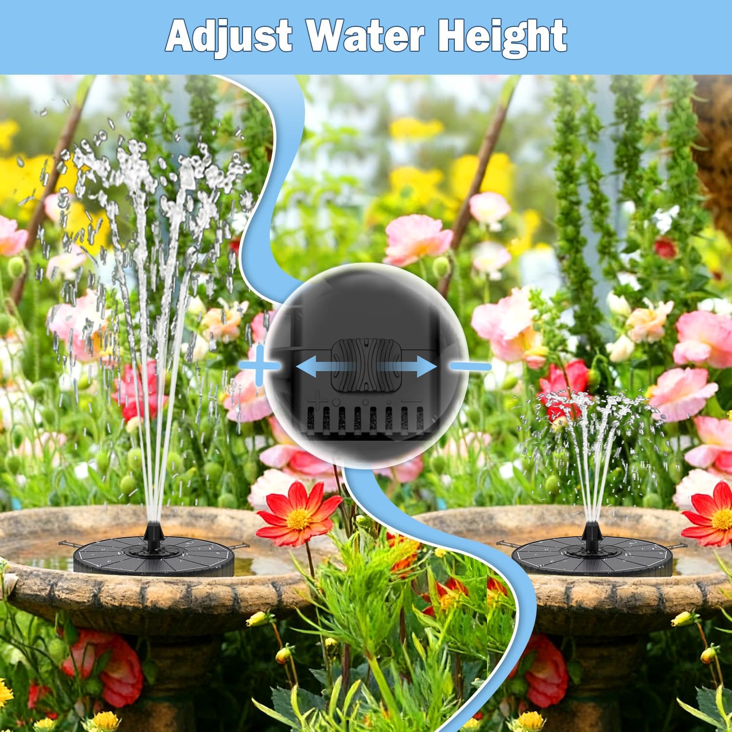 Yzert Solar Fountain Pump - 3-Level Adjustable Water Height, 7 Nozzles, 2000mAh Battery | Ideal for Bird Baths & Gardens