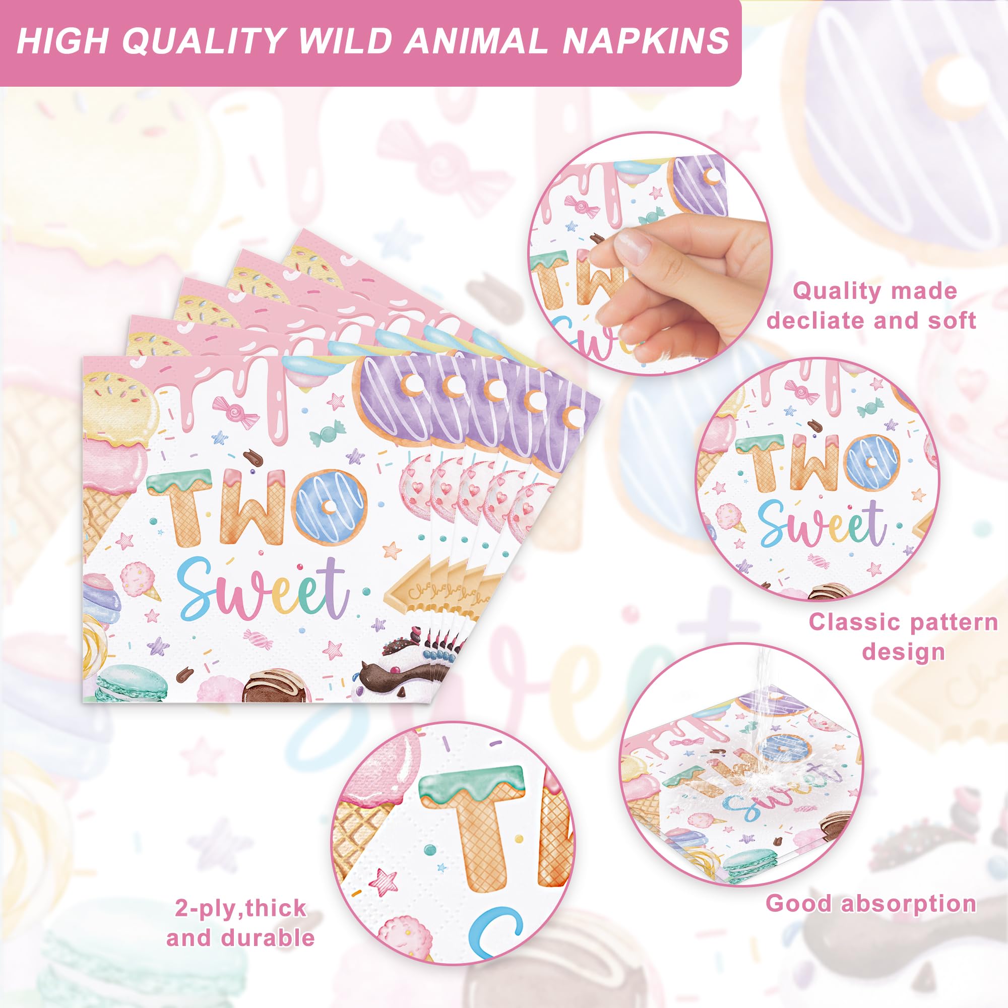 120PCS Two Sweet Birthday Party Supplies Two Sweet Donut Ice Cream Decorations for Baby Girl 2nd Second Birthday Tableware Set Plates Napkins Cups Set for 20 Guests