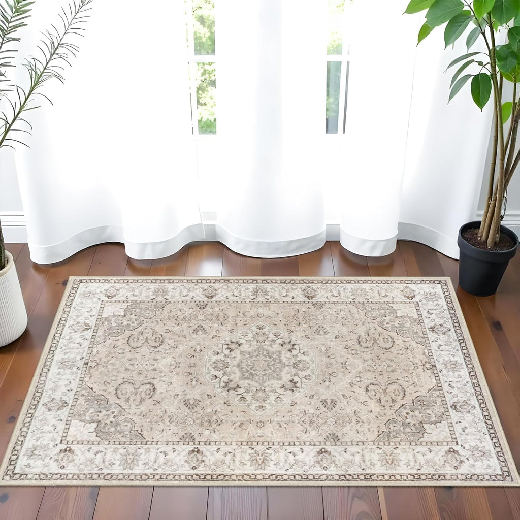 Skiennix Washable 2x3 Entryway Area Rug - Soft Non-Slip Vintage Kitchen Runner in Beige