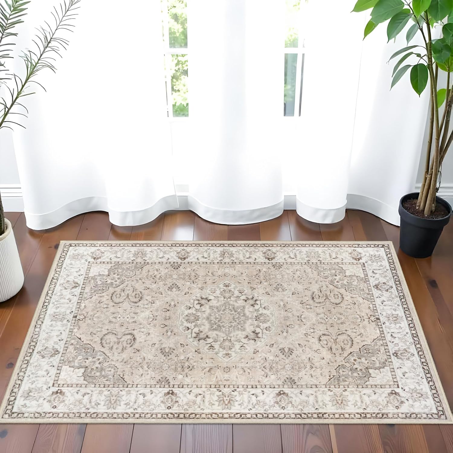 Skiennix Washable 2x3 Entryway Area Rug - Soft Non-Slip Vintage Kitchen Runner in Beige
