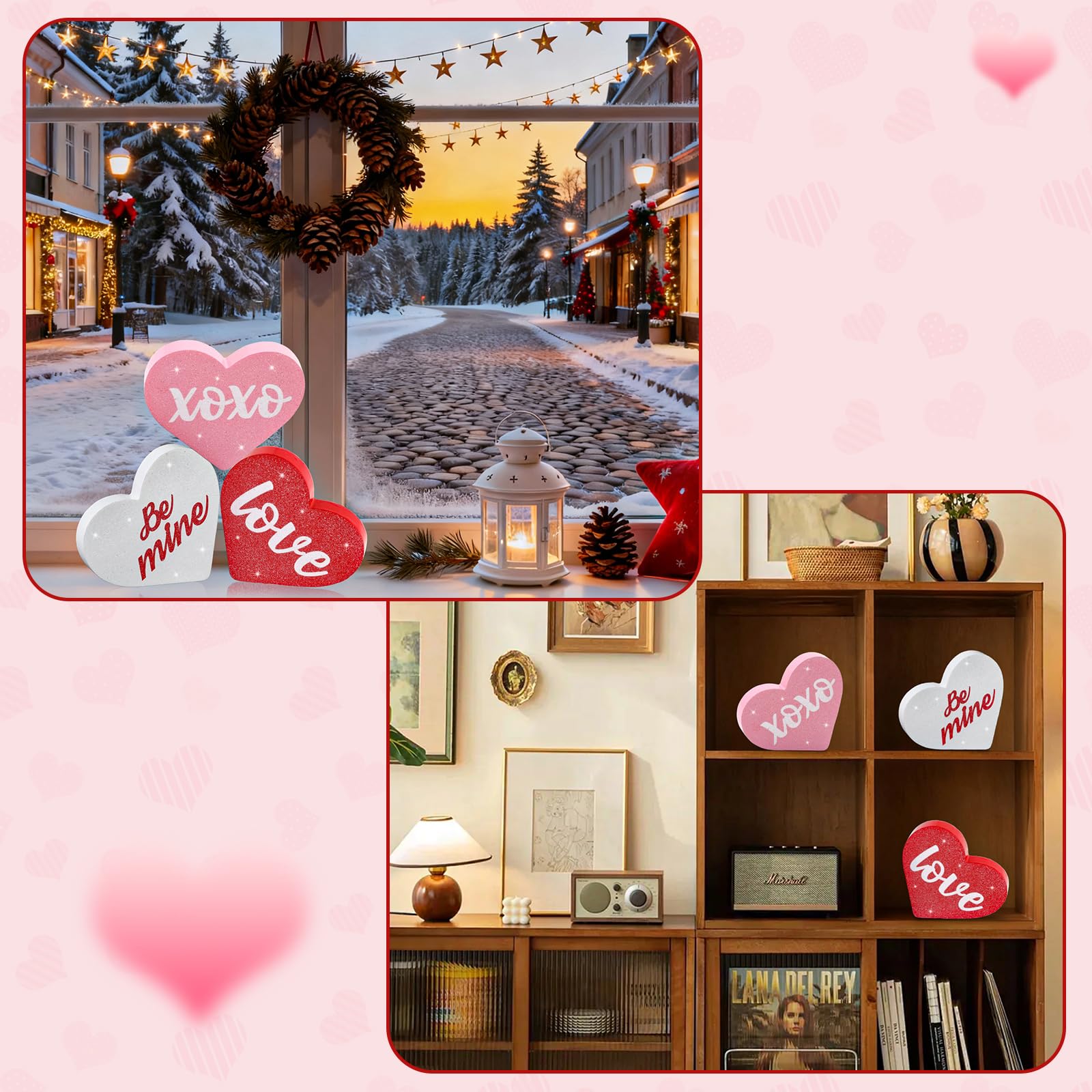 PETKNOWS Valentine's Day Wooden Heart Decor Set, Wooden Sign Set for Indoor Tabletop Decoration, Rustic Table Centerpiece for Home, Kitchen, Mantel Desk
