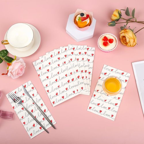 100Pcs Love Red Hearts Guest Napkins Valentines Paper Hand Towels Line Love Lettering Disposable Guest Towel Dinner Buffet for Wedding Anniversary Bridal Shower Party Supplies