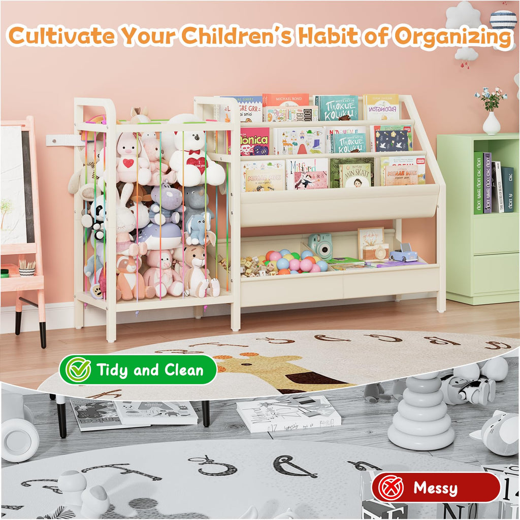 CYXPHION B5 Kids Bookshelf and Toy Storage, Book Shelf for Kids Rooms, Sling Toddler Book Shelves with Stuffed Animal Storage, Montessori Baby Bookcase for Nursery, Bedroom, Playroom, White