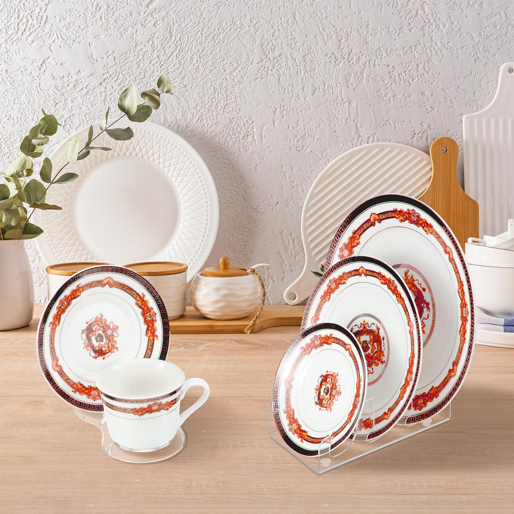 RattanView 16 pack Acrylic China Dinnerware Display Stand 8 Pcs 3 Tiers Clear Plate Dish Platters Setting Holder and 8 Pcs Tea Cup Saucer Stand for Kitchenware Tableware Display Organizer
