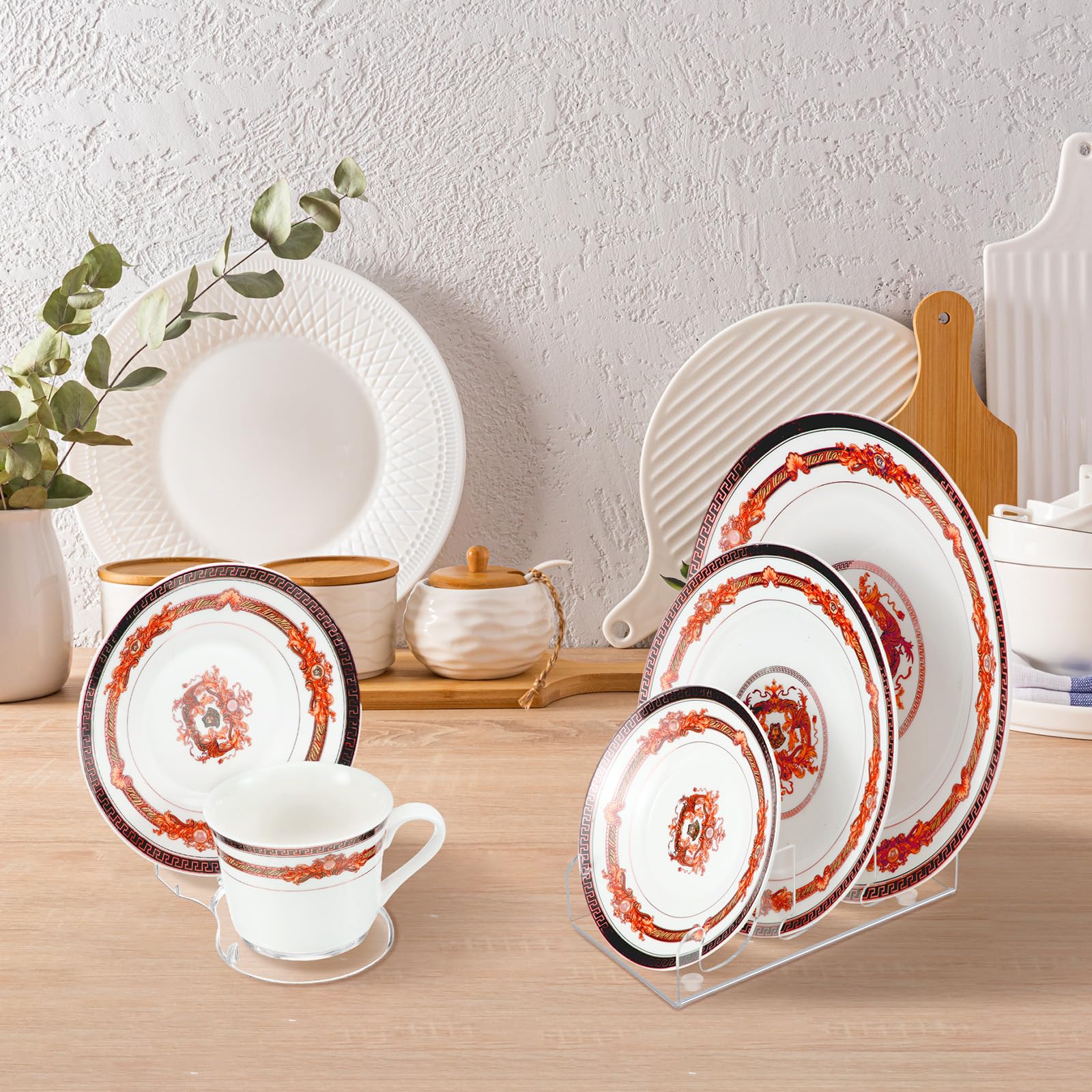 RattanView 16 pack Acrylic China Dinnerware Display Stand 8 Pcs 3 Tiers Clear Plate Dish Platters Setting Holder and 8 Pcs Tea Cup Saucer Stand for Kitchenware Tableware Display Organizer