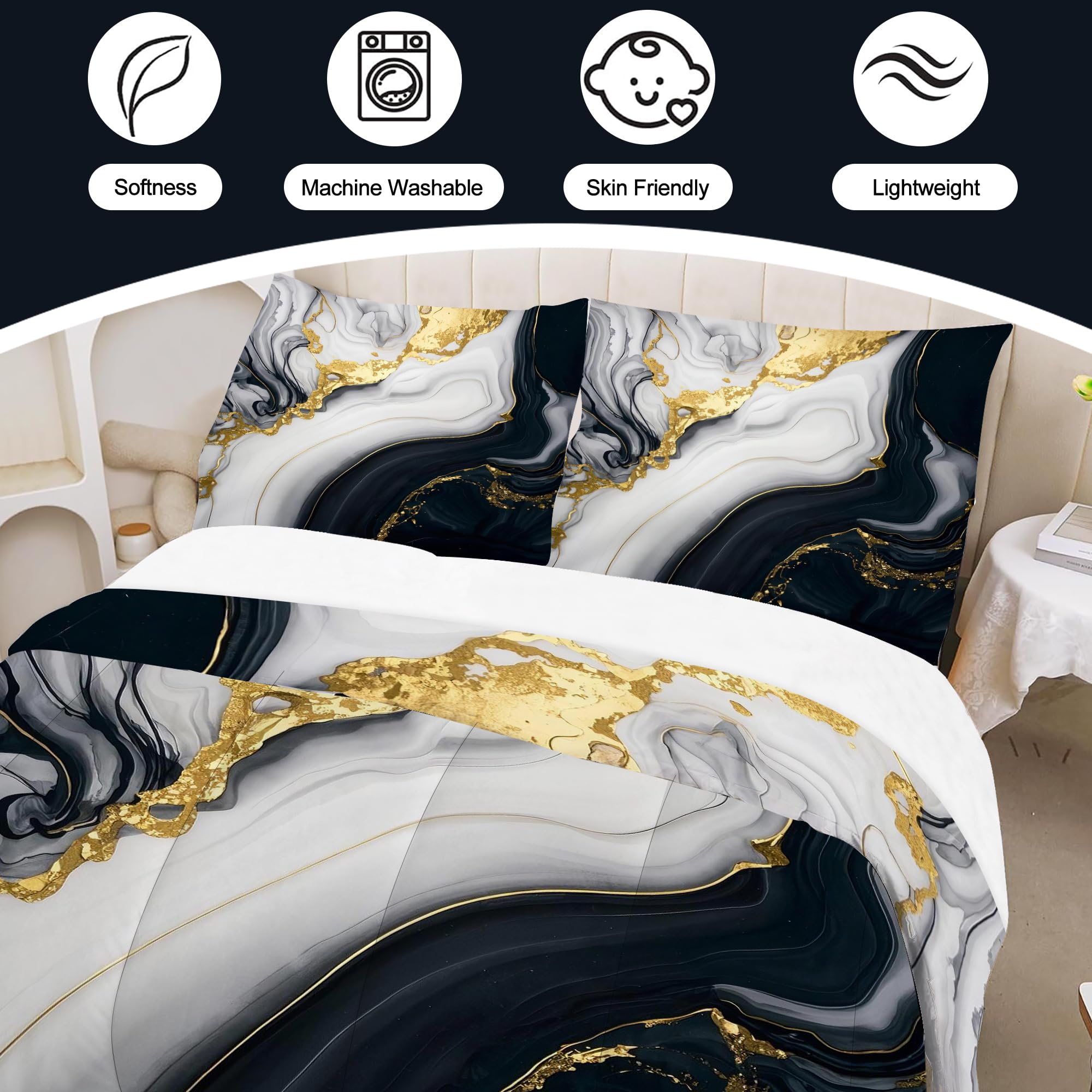 VTKON Abstract Marble Bedding Set for Kids Women Men Queen Size 3D Marble Comforter Set Black White Gold Quilt Set for All Age Marbling Quilt Set with 1 Comforter + 2 Pillowcases
