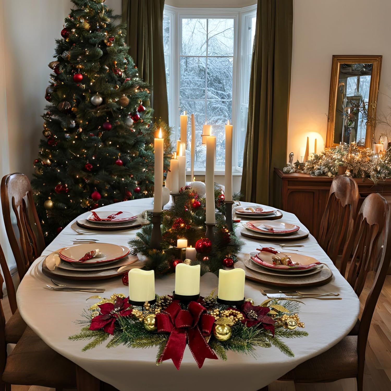 Svndlyn Christmas Candle Holders - Festive 3-Piece Set with Red Poinsettia, Golden Pine, and Berries for Table Centerpiece