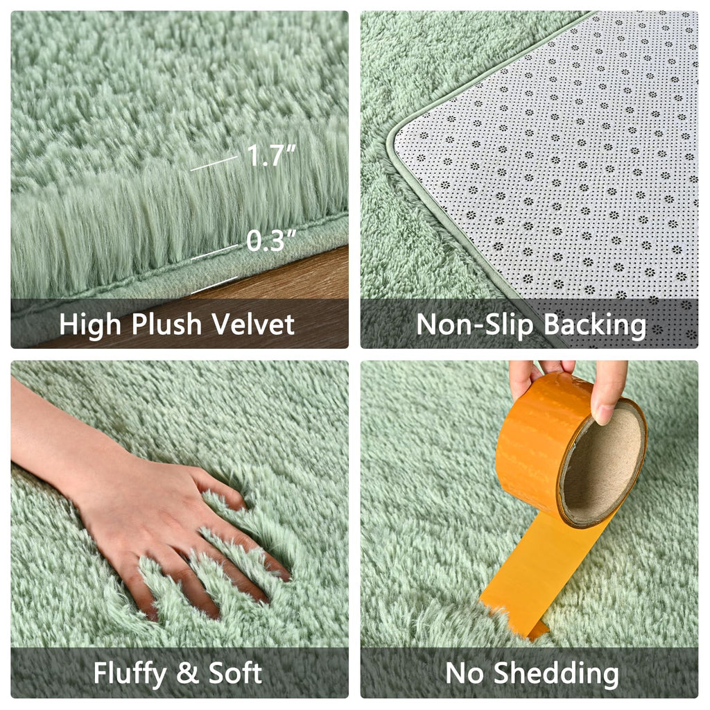 FALARK Soft Green Runner Rugs for Bedroom, 2x6 ft Bedside Rug Plush Fluffy Carpets, Shag Furry Modern Area Rug Carpet for Living Room Girls Kids Room Nursery Home Decor, Green