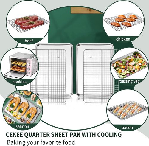 CEKEE Quarter Sheet Pan Set - Stainless Steel Baking Sheets & Cooling Racks | Rust & Warp Resistant, 12 x 9.8 x 1 Inch